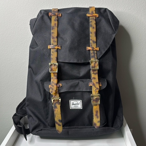 Herschel Supply Company Little America Backpack Black with Tortoiseshell Straps - Picture 1 of 10